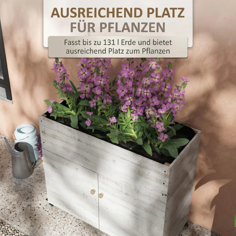 Outsunny Hochbeet aus Holz mit Schrankfach, Kräuterbeet mit Rollen, Pflanzkasten und Blumenkasten mit Vliesstoff für Balkon, Garten, 110 x 50 x 95 cm, Weiß – Bild 3