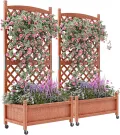 Garvee Holz-Pflanzkasten mit Rankgitter, erhöhtes Hochbeet mit Rollen und Feststellbremsen, Drainagelöchern, Vertikalgitter, für Terrasse, Balkon und Innenbereich, braun, 2er-Pack - Thumbnail 1