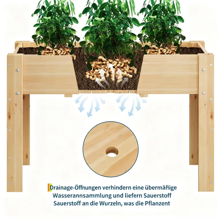 Garvee Hochbeet Holz, Blumenbett, Kräuterbeet, Frühbeet, mit Pflanzfolie, Drainagelöchern & Seitenhaken, erhöhter Pflanzkasten, für Garten, Terrasse, Balkon, Naturfarbe, 117×59×76 cm – Bild 5