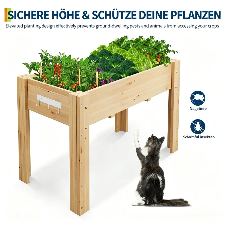 Garvee Hochbeet Holz, Blumenbett, Kräuterbeet, Frühbeet, mit Pflanzfolie, Drainagelöchern & Seitenhaken, erhöhter Pflanzkasten, für Garten, Terrasse, Balkon, Naturfarbe, 117×59×76 cm – Bild 7