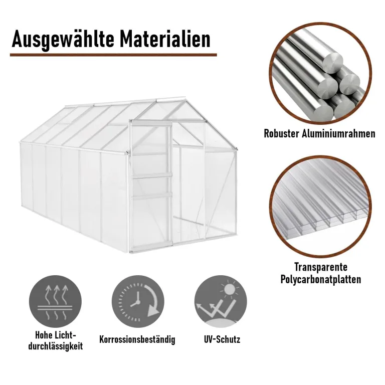 ESTEXO Aluminium Gewächshaus Treibhaus ohne oder inkl. Fundament Tomatenhaus Pflanzhaus mit Hohlkammerstegplatten (370x190x195 cm) – Bild 3