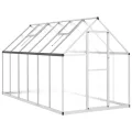 Aluminium Gewächshaus mit Polycarbonatplatten und Fundamentrahmen Silber 334x169x195cm, begehbare Anbaufläche mit Flügeltür und 5-Fach verstellbarem Lüftungsfenster - Thumbnail 2