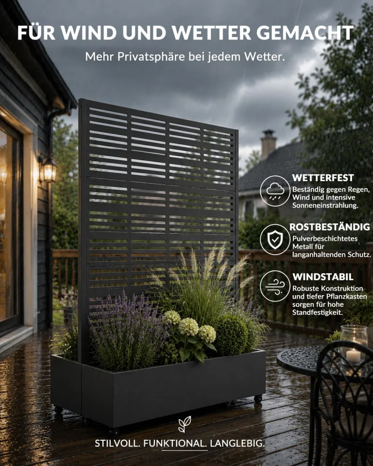 Hochbeet mit Sichtschutz, Metall Pflanzkasten mit Rankgitter und Rollen, freistehender Pflanzkübel 33cm tief, wetterfest für Blumen und Kletterpflanzen - Ideal für Garten, Balkon und Terrasse – Bild 5