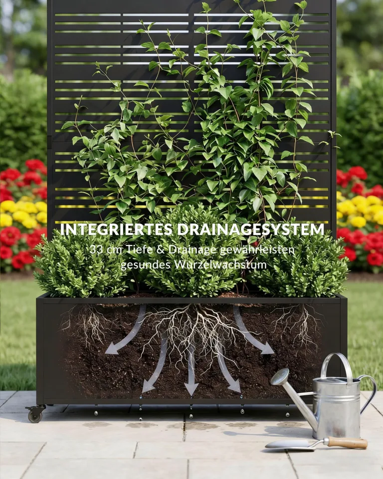 Hochbeet mit Sichtschutz, Metall Pflanzkasten mit Rankgitter und Rollen, freistehender Pflanzkübel 33cm tief, wetterfest für Blumen und Kletterpflanzen - Ideal für Garten, Balkon und Terrasse – Bild 6