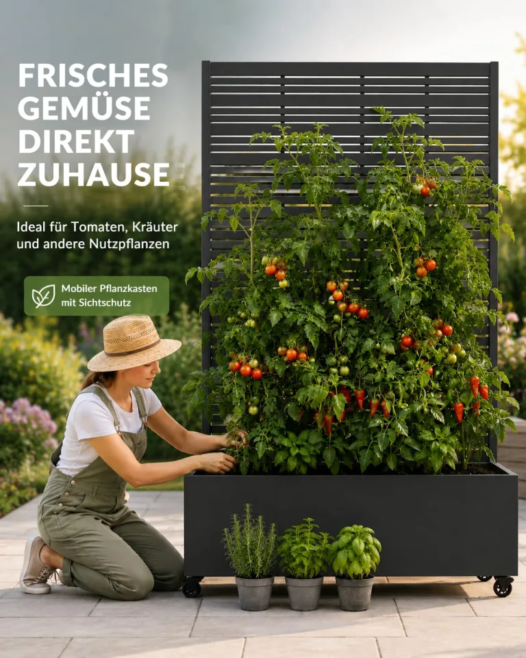 Hochbeet mit Sichtschutz, Metall Pflanzkasten mit Rankgitter und Rollen, freistehender Pflanzkübel 33cm tief, wetterfest für Blumen und Kletterpflanzen - Ideal für Garten, Balkon und Terrasse – Bild 7
