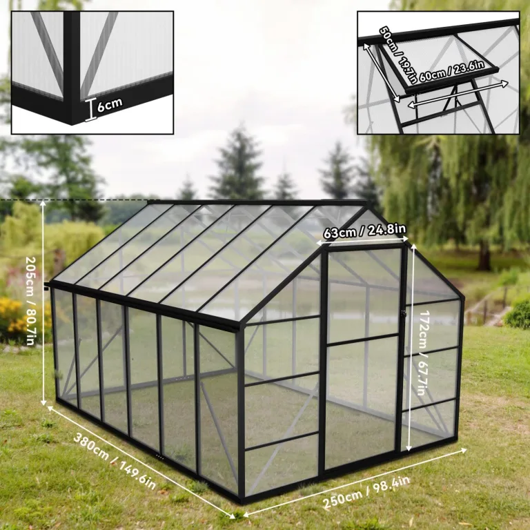 Aluminium Gewächshaus 8x12FT mit Fundament & Belüftungsfenster, großflächiges Tomatenhaus wetterfest & rostfrei, professionelles Gewächshaus für Gemüse, Pflanzen & Frühbeet, 380x250x205cm – Bild 2