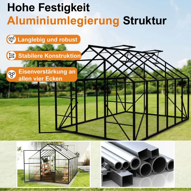 Aluminium Gewächshaus 8x12FT mit Fundament & Belüftungsfenster, großflächiges Tomatenhaus wetterfest & rostfrei, professionelles Gewächshaus für Gemüse, Pflanzen & Frühbeet, 380x250x205cm – Bild 4