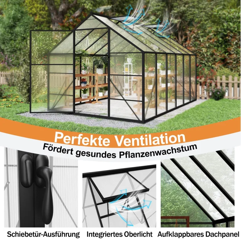 Aluminium Gewächshaus 8x12FT mit Fundament & Belüftungsfenster, großflächiges Tomatenhaus wetterfest & rostfrei, professionelles Gewächshaus für Gemüse, Pflanzen & Frühbeet, 380x250x205cm – Bild 7