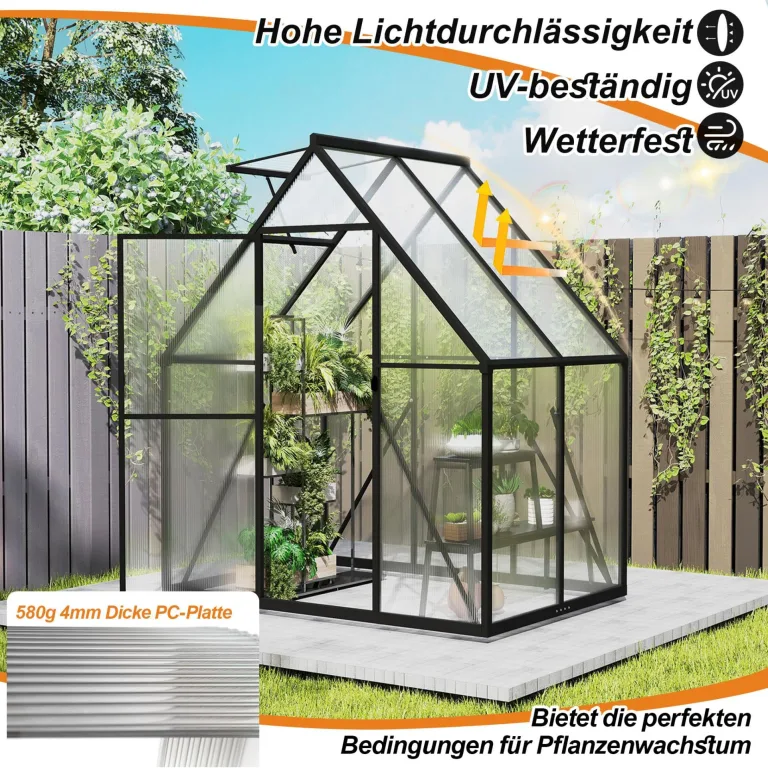 Aluminium Gewächshaus 6x4FT mit Fundament & Dachfenster, stabiles Tomatenhaus wetterfest & rostfrei, temperaturbeständiges Treibhaus für Gemüse & Pflanzen Frühbeet & Pflanzenhaus 125x180x195cm – Bild 6