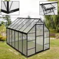 Aluminium Gewächshaus 6x12FT mit Fundament & Belüftungsdachfenster, langlebiges Tomatenhaus wetterfest & korrosionsbeständig, perfektes Treibhaus für Gemüse, Kräuter & Pflanzen, 340x180x195cm - Thumbnail 2