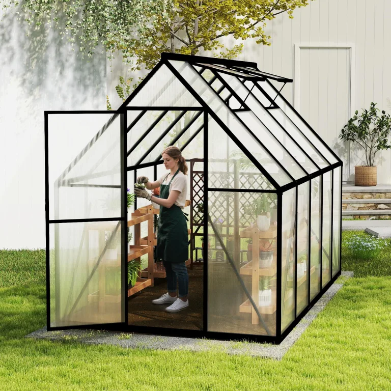 Aluminium Gewächshaus 6x10FT mit stabilem Fundament Dachfenster wetterfestes Tomatenhaus aus rostfreiem Aluminium optimal für Gemüseanzucht Pflanzenwachstum Gewächshaus Frühbeet 280x180x195cm – Bild 8