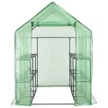 Begehbares Gewächshaus mit 12 Regalen, pulverbeschichtetem Stahlrahmen, 143 x 214 x 196 cm, grüne Rip-Stop-Folie, mit Reißverschlusstür für Garten, Balkon, Terrasse, Pflanzenhaus - Thumbnail 2