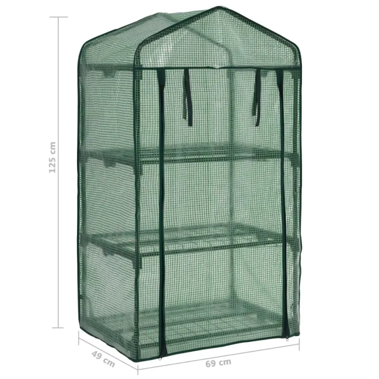 3-stufiges Mini-Gewächshaus aus pulverbeschichtetem Stahlrohr mit 3 Regalen 69 x 49 x 125 cm, grün, mit reißfester Polyethylenfolie, Rolltür mit Reißverschluss für Pflanzenhaus, Balkon – Bild 7