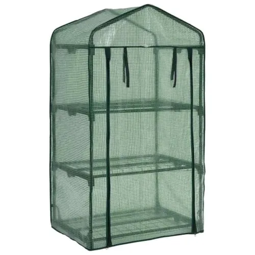 3-stufiges Mini-Gewächshaus aus pulverbeschichtetem Stahlrohr mit 3 Regalen 69 x 49 x 125 cm, grün, mit reißfester Polyethylenfolie, Rolltür mit Reißverschluss für Pflanzenhaus, Balkon – Bild 9
