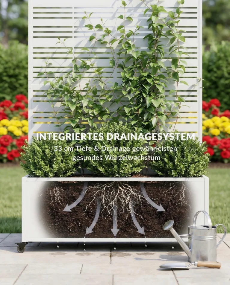 Hochbeet mit Sichtschutz, Metall Pflanzkasten mit Rankgitter und Rollen, freistehender Pflanzkübel 33cm tief, wetterfest für Blumen und Kletterpflanzen - Ideal für Garten, Balkon und Terrasse – Bild 6