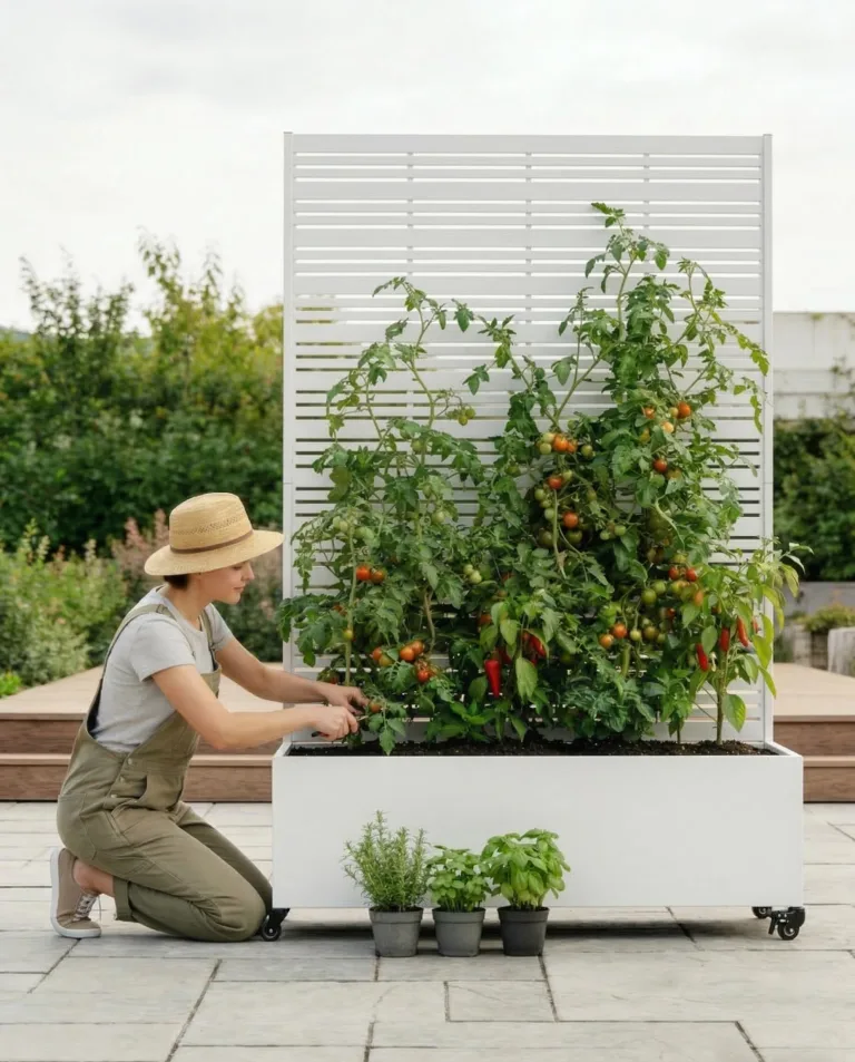 Hochbeet mit Sichtschutz, Metall Pflanzkasten mit Rankgitter und Rollen, freistehender Pflanzkübel 33cm tief, wetterfest für Blumen und Kletterpflanzen - Ideal für Garten, Balkon und Terrasse – Bild 7