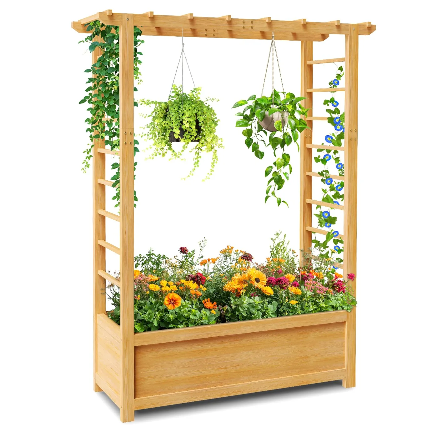 SUNYRISY Holz Hochbeet mit Rankgitter, Blumenkasten mit Rankhilfe, Garten Pflanzkübel mit Spalier, Garten Pflanzkasten Pflanzkübel mit oberem Rankgitter - Bild 1