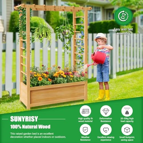 SUNYRISY Holz Hochbeet mit Rankgitter, Blumenkasten mit Rankhilfe, Garten Pflanzkübel mit Spalier, Garten Pflanzkasten Pflanzkübel mit oberem Rankgitter – Bild 10