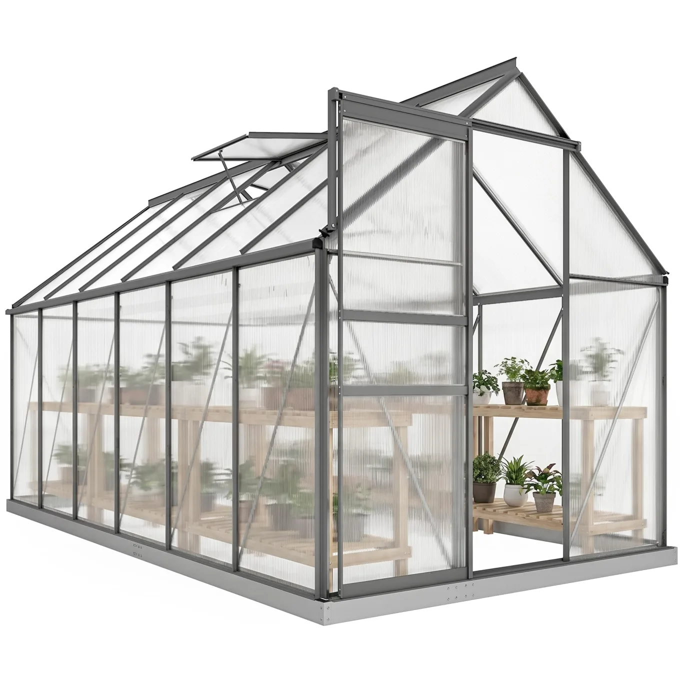 Outsunny Garten-Gewächshaus, 7 m², aus Polycarbonat-Aluminium, mit Fundament, 190 x 375 x 199 cm, Gewächshaus mit verstellbarem Fenster und Schiebetür, wetterfest, Dunkelgrau - Bild 1
