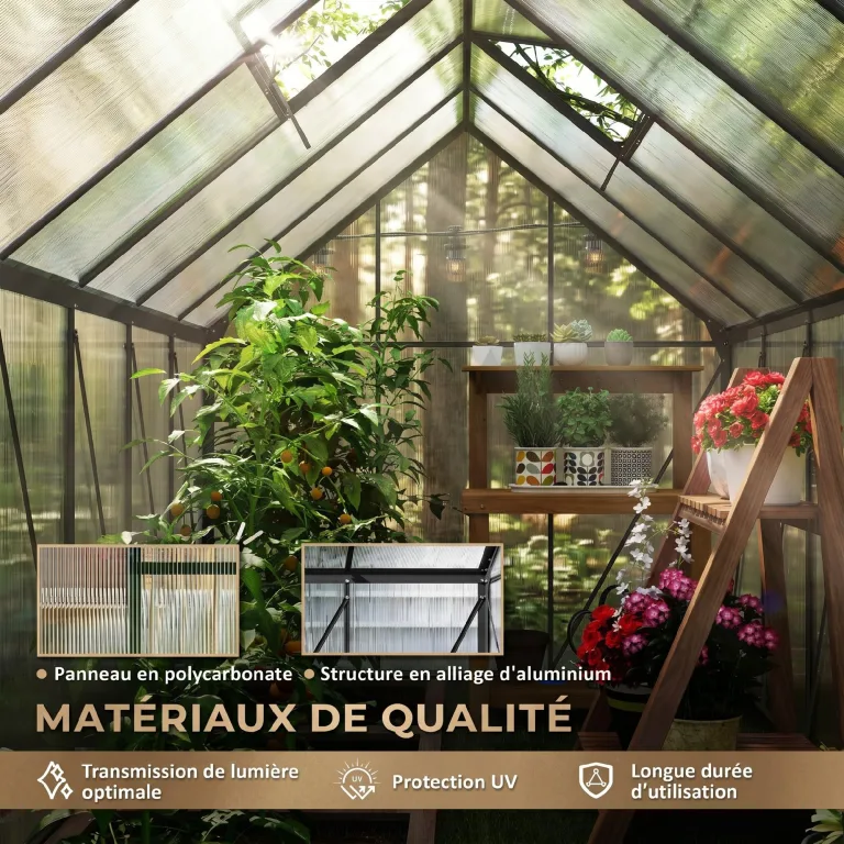 Outsunny Garten-Gewächshaus, 7 m², aus Polycarbonat-Aluminium, mit Fundament, 190 x 375 x 199 cm, Gewächshaus mit verstellbarem Fenster und Schiebetür, wetterfest, Dunkelgrau – Bild 3