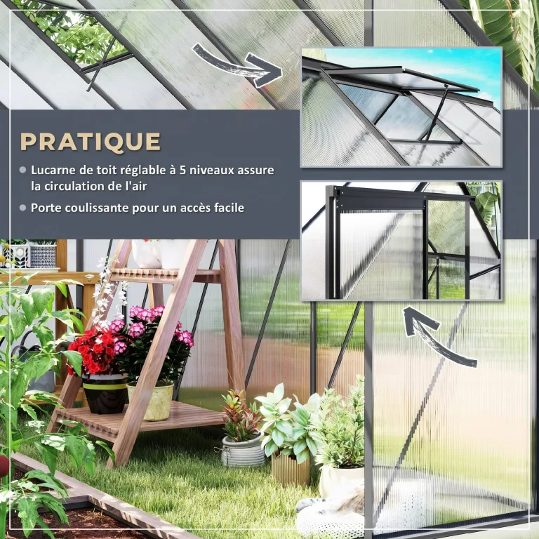 Outsunny Garten-Gewächshaus, 7 m², aus Polycarbonat-Aluminium, mit Fundament, 190 x 375 x 199 cm, Gewächshaus mit verstellbarem Fenster und Schiebetür, wetterfest, Dunkelgrau – Bild 4