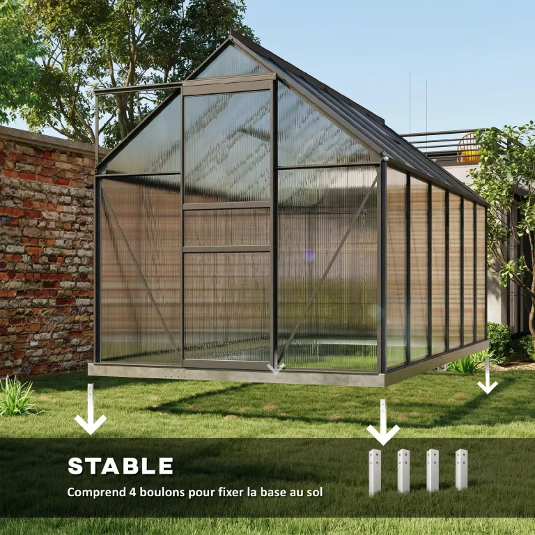 Outsunny Garten-Gewächshaus, 7 m², aus Polycarbonat-Aluminium, mit Fundament, 190 x 375 x 199 cm, Gewächshaus mit verstellbarem Fenster und Schiebetür, wetterfest, Dunkelgrau – Bild 5