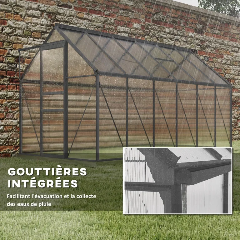 Outsunny Garten-Gewächshaus, 7 m², aus Polycarbonat-Aluminium, mit Fundament, 190 x 375 x 199 cm, Gewächshaus mit verstellbarem Fenster und Schiebetür, wetterfest, Dunkelgrau – Bild 6