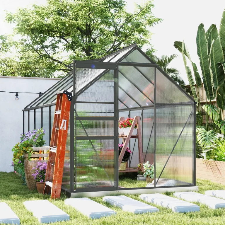 Outsunny Garten-Gewächshaus, 7 m², aus Polycarbonat-Aluminium, mit Fundament, 190 x 375 x 199 cm, Gewächshaus mit verstellbarem Fenster und Schiebetür, wetterfest, Dunkelgrau – Bild 8
