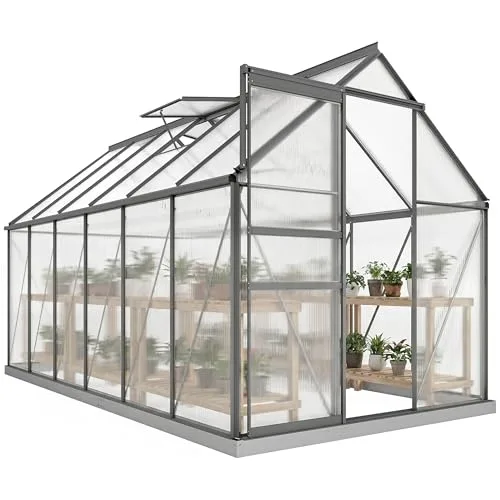 Outsunny Garten-Gewächshaus, 7 m², aus Polycarbonat-Aluminium, mit Fundament, 190 x 375 x 199 cm, Gewächshaus mit verstellbarem Fenster und Schiebetür, wetterfest, Dunkelgrau – Bild 10