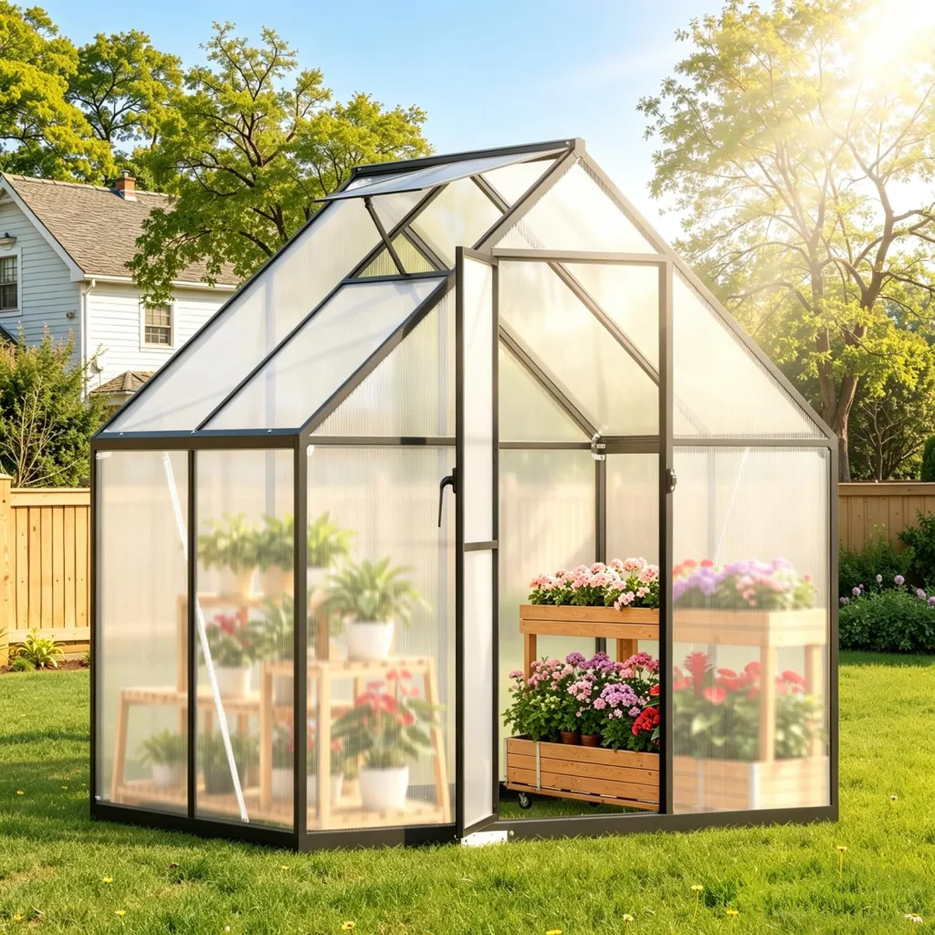 𝐉𝐚𝐱𝐠𝐮𝐨𝐦 Gewächshaus Aluminium 123 x 180 x 195 cm, 4 mm Polycarbonat-Hohlkammerplatten,mit Bodenrahmen & Dachfenster,Wetterbeständiges Tomatenhaus Treibhaus für Garten