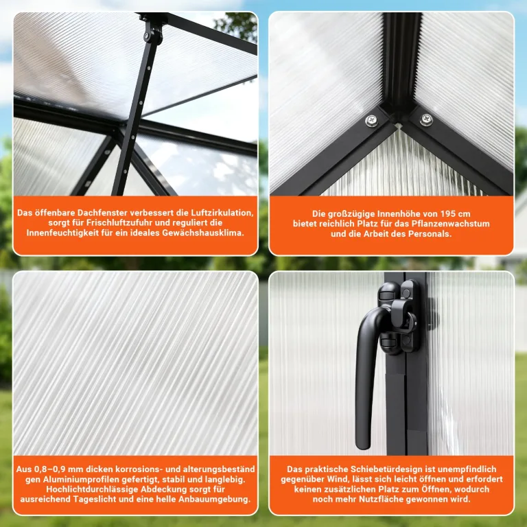 𝐉𝐚𝐱𝐠𝐮𝐨𝐦 Gewächshaus Aluminium 123 x 180 x 195 cm, 4 mm Polycarbonat-Hohlkammerplatten,mit Bodenrahmen & Dachfenster,Wetterbeständiges Tomatenhaus Treibhaus für Garten – Bild 4