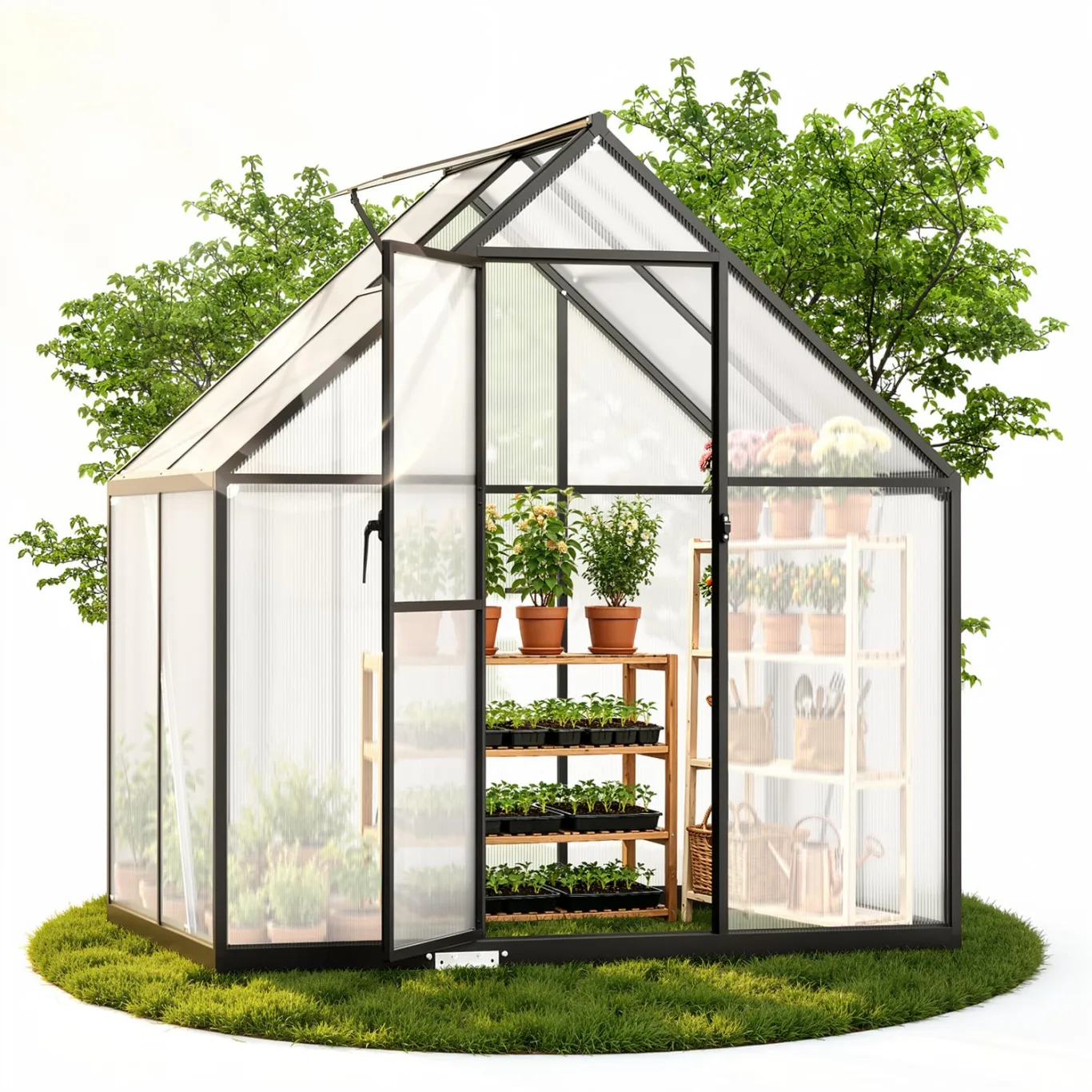 Aluminium Gewächshaus mit Fenster & Metall-Türgriff, 123×180×195cm, Verstärkte Eisen-Ecken, Hagel- & Winterfest PC-Hartplatten Gewächshaus für Garten Balkon Terrasse, Schwarz - Bild 1