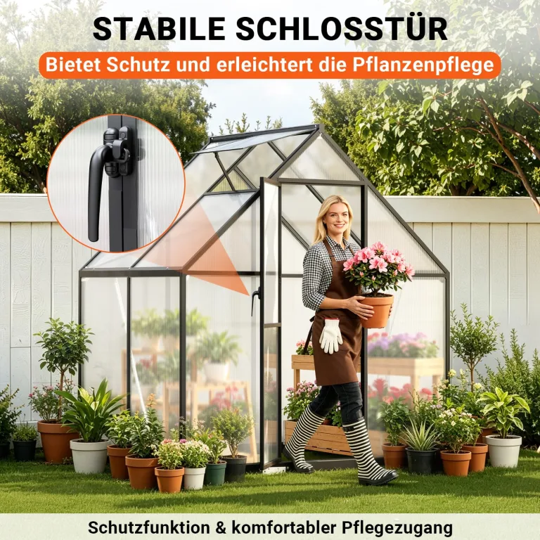 Aluminium Gewächshaus mit Fenster & Metall-Türgriff, 123×180×195cm, Verstärkte Eisen-Ecken, Hagel- & Winterfest PC-Hartplatten Gewächshaus für Garten Balkon Terrasse, Schwarz – Bild 4