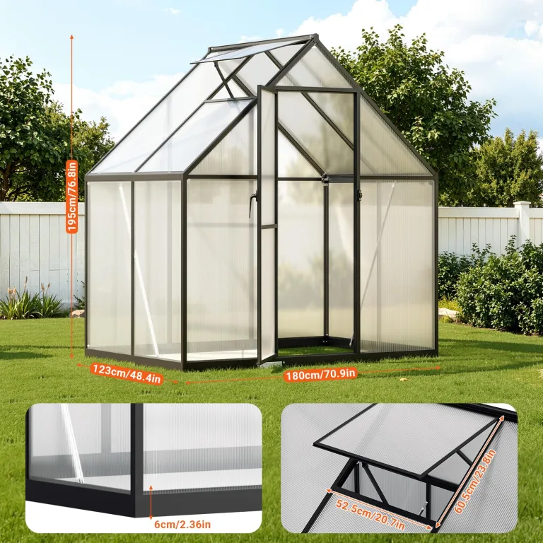Aluminium Gewächshaus mit Fenster & Metall-Türgriff, 123×180×195cm, Verstärkte Eisen-Ecken, Hagel- & Winterfest PC-Hartplatten Gewächshaus für Garten Balkon Terrasse, Schwarz – Bild 6