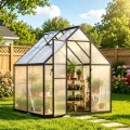 Aluminium Gewächshaus mit Fenster & Metall-Türgriff, 123×180×195cm, Verstärkte Eisen-Ecken, Hagel- & Winterfest PC-Hartplatten Gewächshaus für Garten Balkon Terrasse, Schwarz - Thumbnail 9