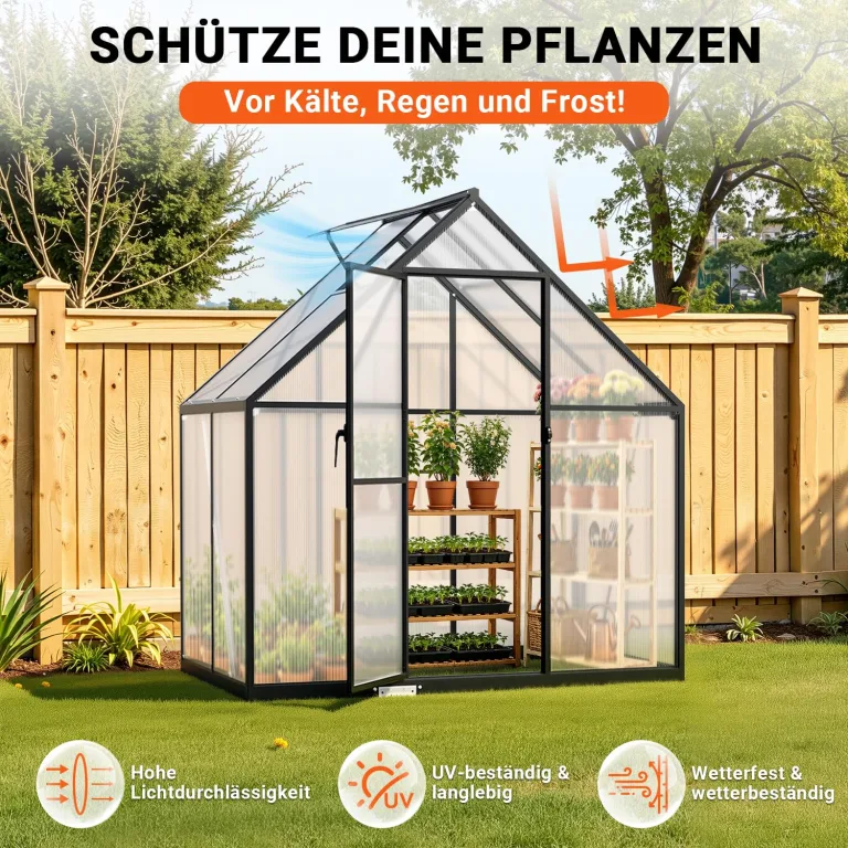 Gewächshaus Aluminium Schwarz 123×180×195cm PC-Hartplatten, Verstärkte Ecken & Innenkonstruktion, Hagel- & Winterfest für Garten Balkon Terrasse – Bild 2