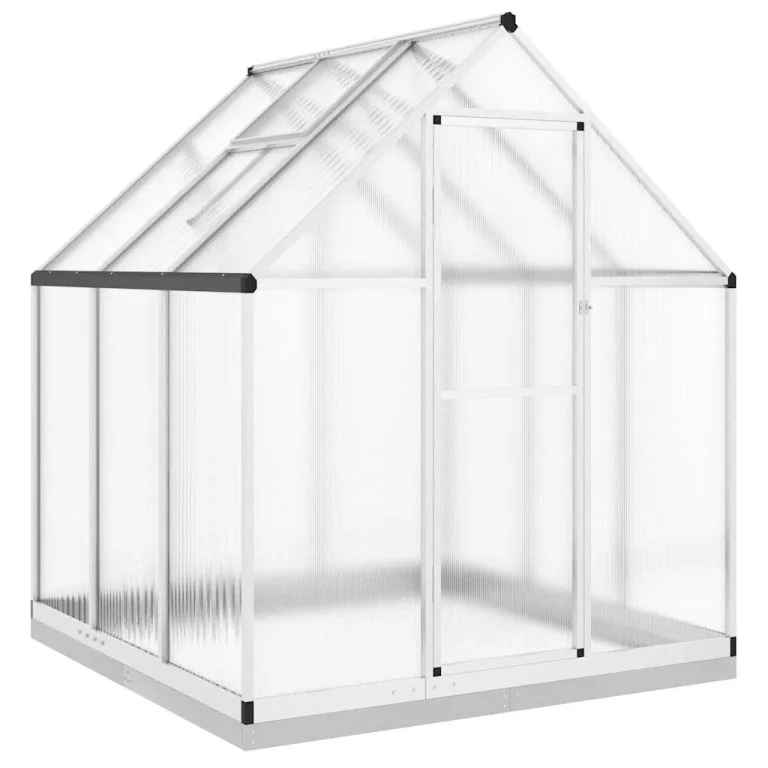 Aluminium Gewächshaus Silbern 169x169x202 cm mit Dachrinnensystem, Polycarbonatplatten, Fundamentrahmen aus verzinktem Stahl und verstellbarem Lüftungsfenster für Hobbygartenbau – Bild 2