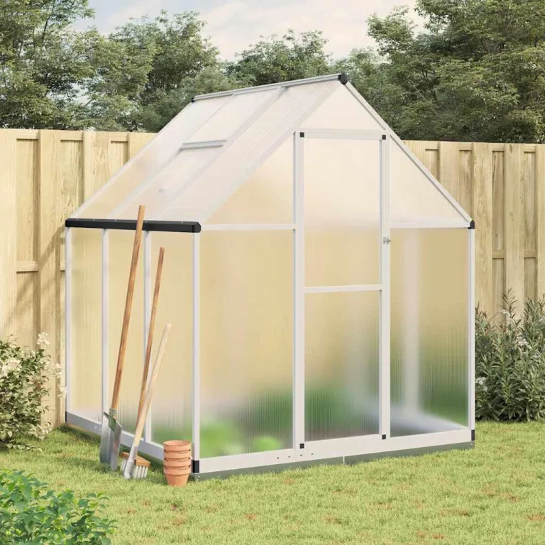Aluminium Gewächshaus Silbern 169x169x202 cm mit Dachrinnensystem, Polycarbonatplatten, Fundamentrahmen aus verzinktem Stahl und verstellbarem Lüftungsfenster für Hobbygartenbau – Bild 1