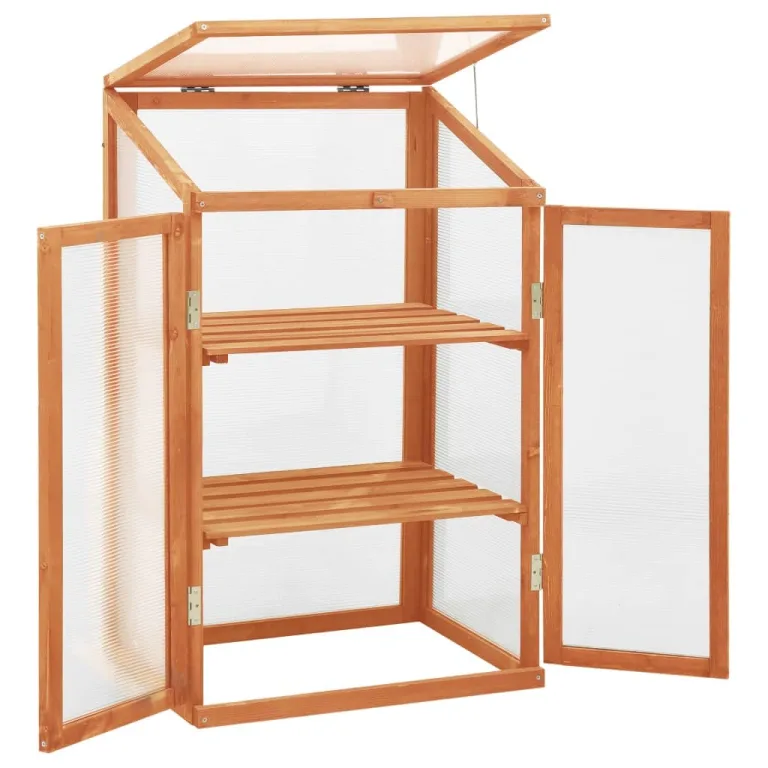 Holz-Gewächshaus Tannenholz 60x45x100 cm mit PC-Platten und 2 Regalen, Klappdeckel für einfaches Gießen, stabiles Garten-Gewächshaus für Pflanzen und Kräuter – Bild 2