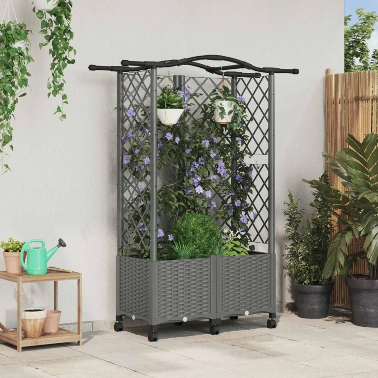 vidaXL Hochbeet mit Rankgitter und Dach Hellgrau 122 x 40 x 144 cm PP, Garten & Terrasse, moderner Kräutertopf, Hochbeet mit Dach, mobil, Gemüse, Urbane Gartenideen – Bild 2