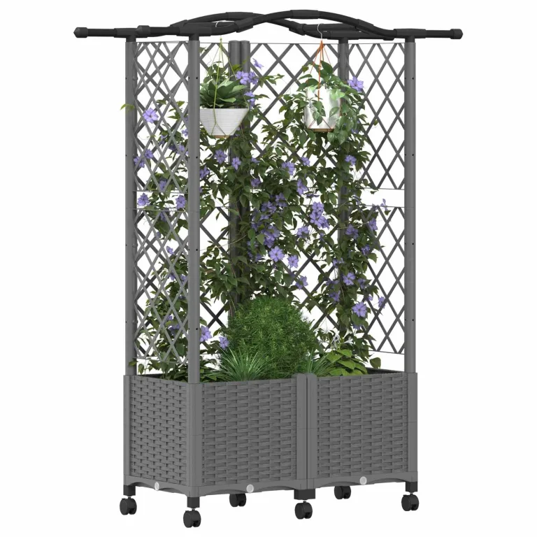 vidaXL Hochbeet mit Rankgitter und Dach Hellgrau 122 x 40 x 144 cm PP, Garten & Terrasse, moderner Kräutertopf, Hochbeet mit Dach, mobil, Gemüse, Urbane Gartenideen – Bild 1