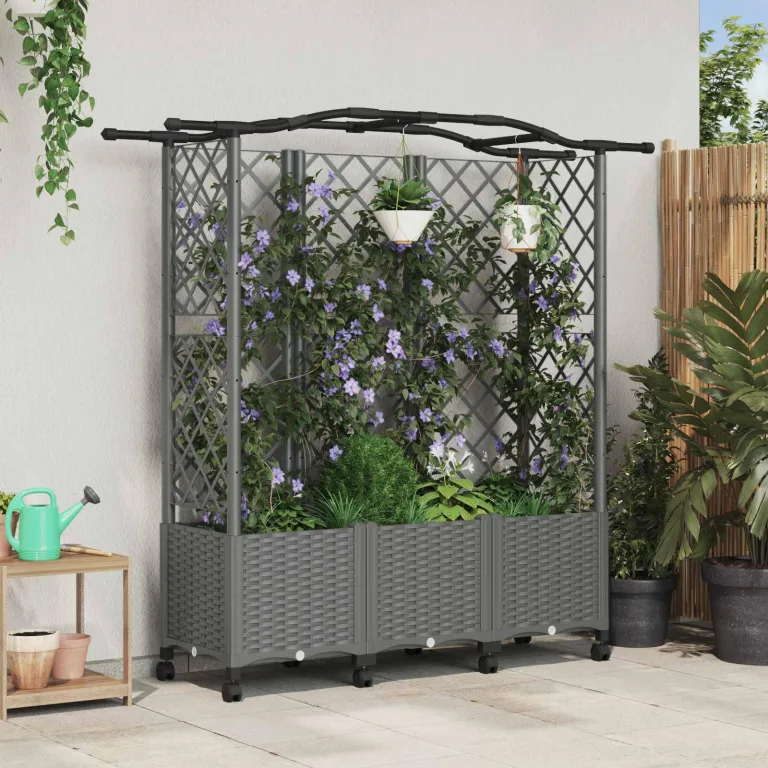 vidaXL Hochbeet mit Rankgitter und Dach Hellgrau 163 x 40 x 144 cm PP, Garten & Terrasse, moderner Kräutertopf, Hochbeet mit Dach, mobil, Gemüse, Urbane Gartenideen – Bild 2