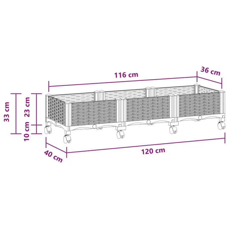 vidaXL Gartenpflanzer mit Rädern Hellgrau 120 x 40 x 33 cm PP, Moderner Garten- und Terrassenpflanzer, wetterfestes Gefäß für Balkon, Terrasse oder Gemüseanbau – Bild 3