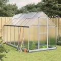 Aluminium Gewächshaus 334x169x202cm mit Fundamentrahmen, begehbares großes Polycarbonat Gewächshaus Silber - Thumbnail 1