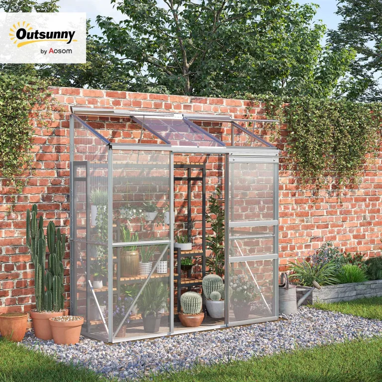 Outsunny Gewächshaus aus Polycarbonat und Alu mit Schiebetür, aufklappbaren Dachfenstern, Treibhaus Tomatenhaus Pflanzenhaus für Garten, 192 x 68 x 196 cm, Silber – Bild 2