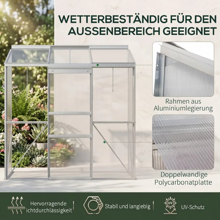Outsunny Gewächshaus aus Polycarbonat und Alu mit Schiebetür, aufklappbaren Dachfenstern, Treibhaus Tomatenhaus Pflanzenhaus für Garten, 192 x 68 x 196 cm, Silber – Bild 6