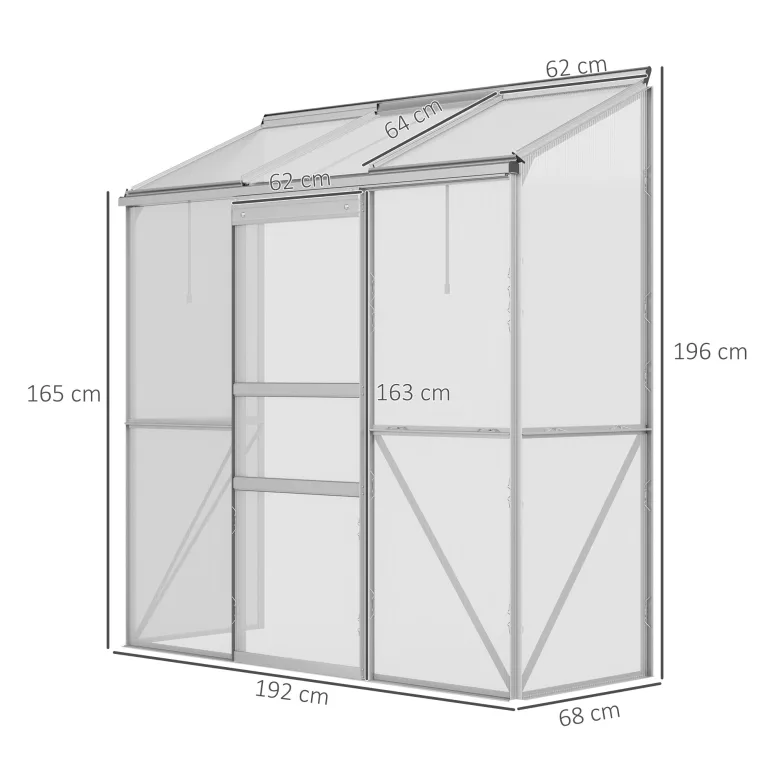Outsunny Gewächshaus aus Polycarbonat und Alu mit Schiebetür, aufklappbaren Dachfenstern, Treibhaus Tomatenhaus Pflanzenhaus für Garten, 192 x 68 x 196 cm, Silber – Bild 7