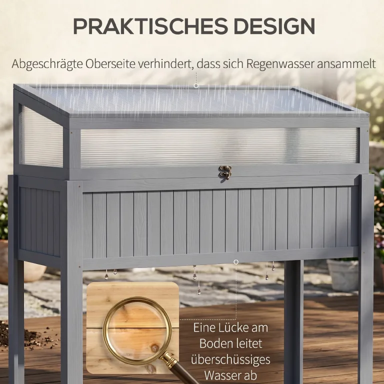 Outsunny Hochbeet Holz mit 2-in-1 Frühbeet Gewächshaus Tomatenhaus Gemüsebeet Kräuterbeet Pflanzkasten für Terrasse Balkon und Garten Polycarbonat 120 x 54 x 112/122 cm Grau – Bild 5