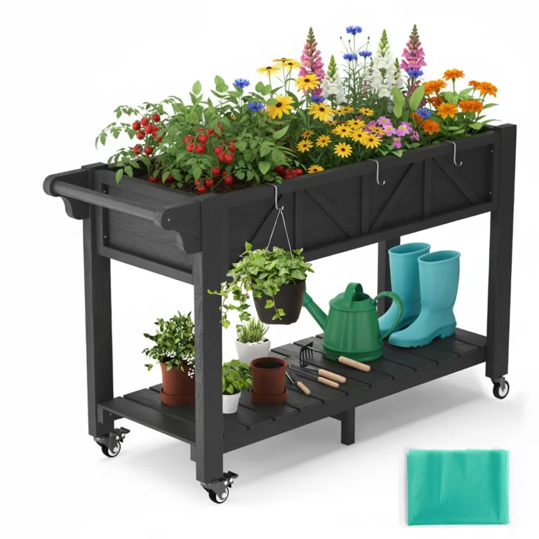 Hochbeet 120x44x70cm, HIPS Hochbeet mit Rollen & Griff, 3 Haken & Vlieseinlage, Für Gemüse Blumen Kräuter, Garten Balkon Terrasse,3pcs Grau – Bild 4