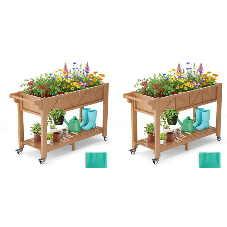 Hochbeet 120x44x70cm, HIPS Hochbeet mit Rollen & Griff, 3 Haken & Vlieseinlage, Für Gemüse Blumen Kräuter, Garten Balkon Terrasse,3pcs Grau – Bild 8